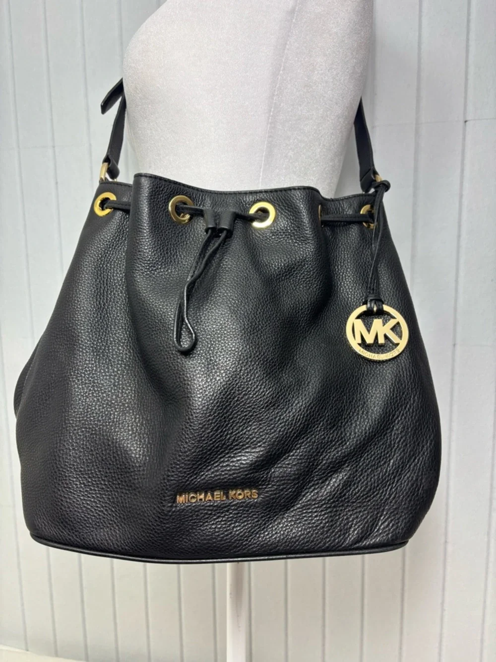 Michael Kors  Black‎ Pebbled Leather Drawstring Hobo with Gold Hardware